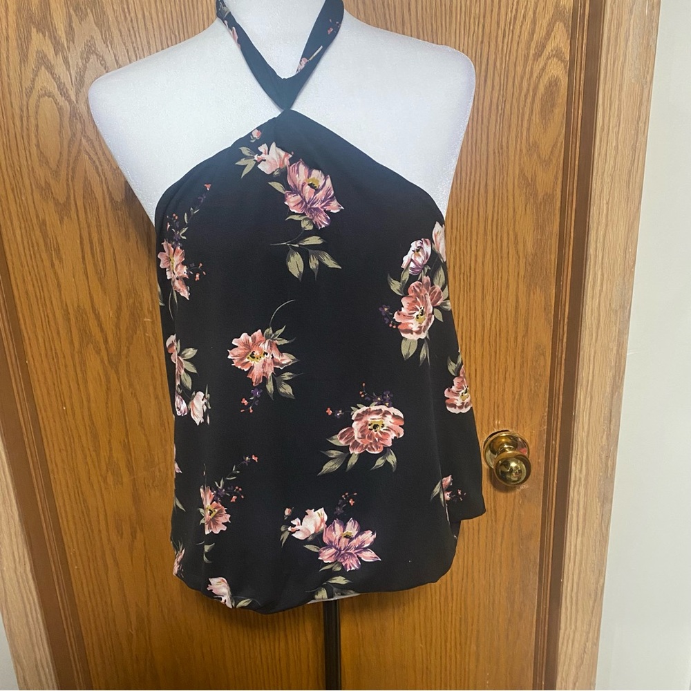 Floral Halter Neck Top - Black